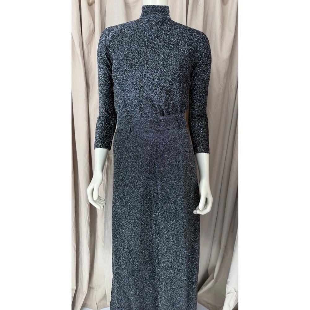 Vintage 60s 70s Silver Metallic Knit 2 Piece Maxi Skirt Turtleneck Disco Set